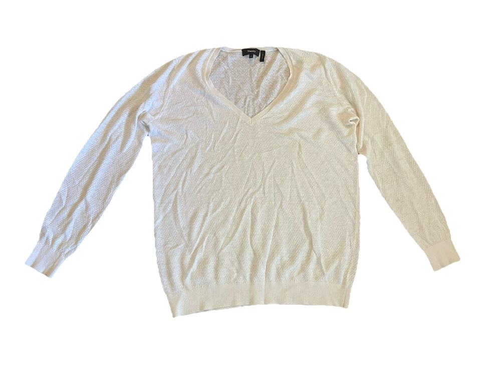 Theory Linen Blend Adrianna V-neck Knit Sweater Medium Sheer Ivory Chevron